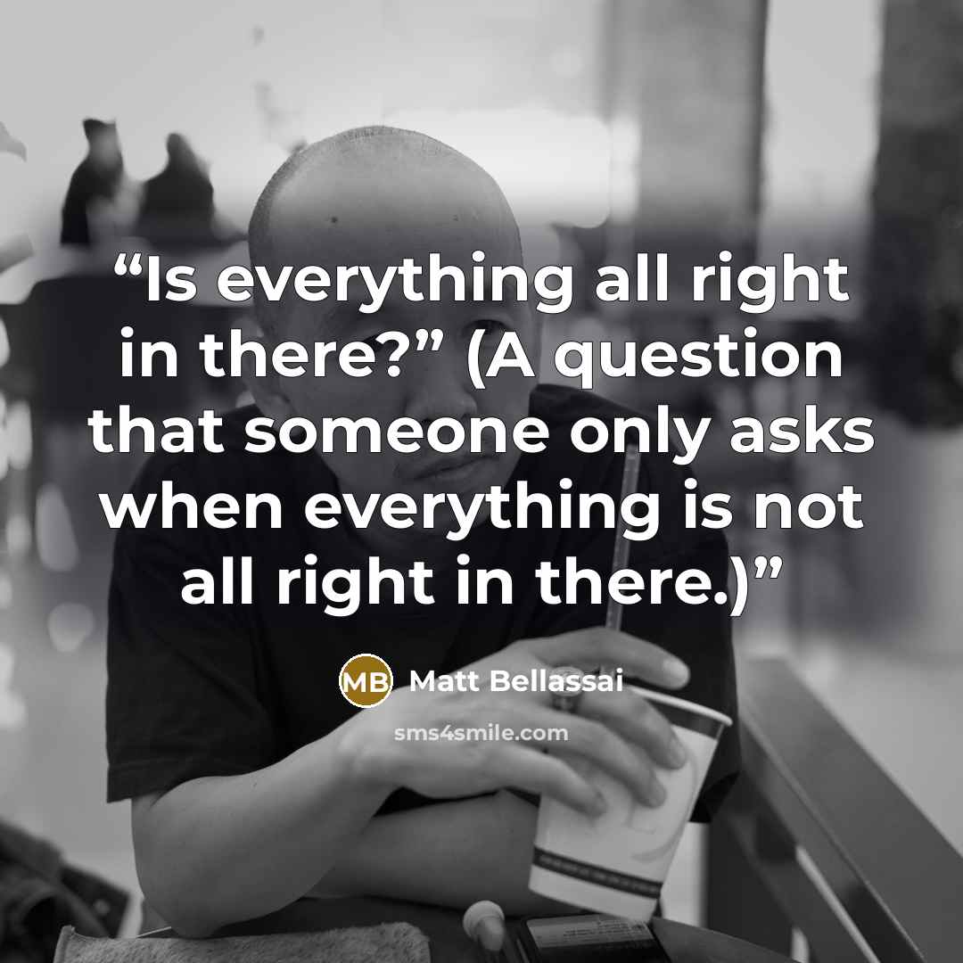 “Is everything all right in there?” (A question that someone only asks when everything is not all right in there.)” quote by Matt Bellassai