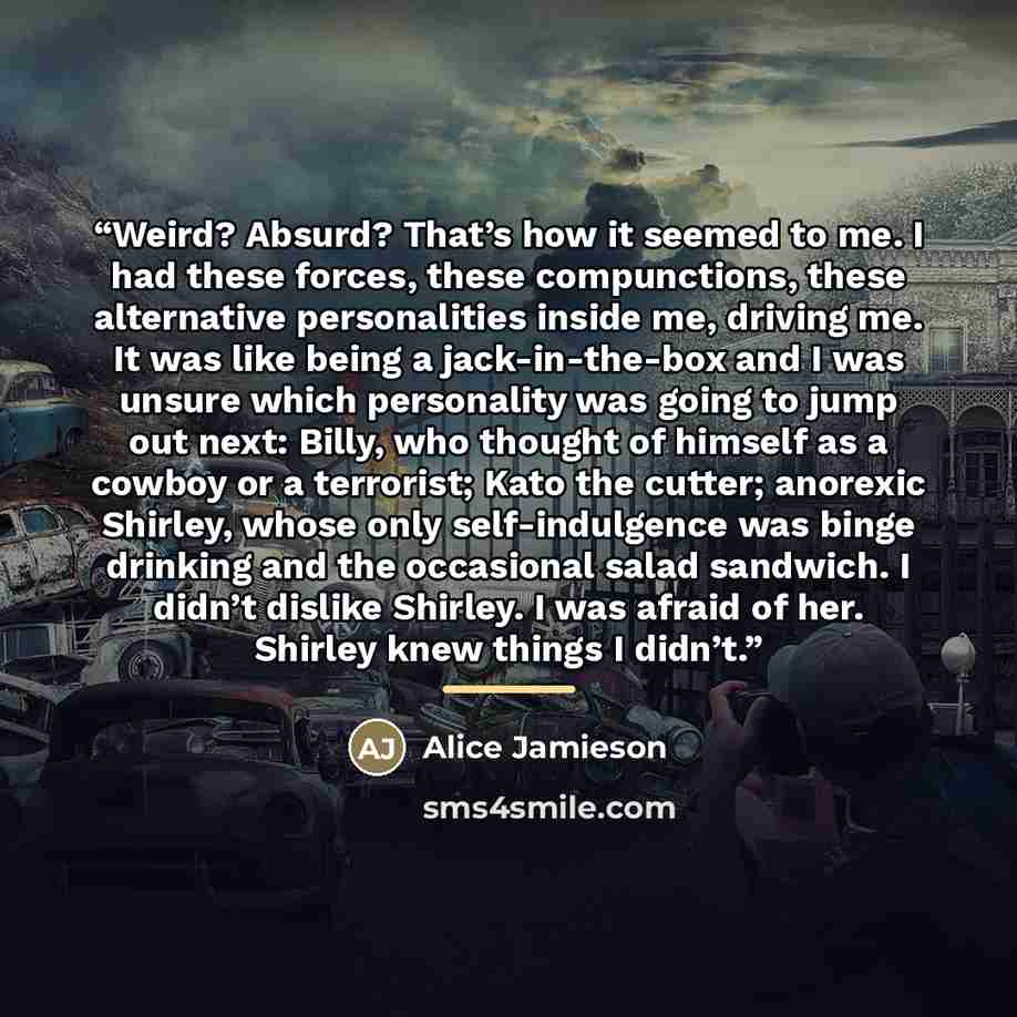 “Weird? Absurd? That’s how it seemed to me. I had these forces, these compunctions, these alternative personalities inside me, driving me. It was like being a jack-in-the-box and I was unsure which personality was going to jump out next: Billy, who thought of himself as a cowboy or a terrorist…” quote by Alice Jamieson