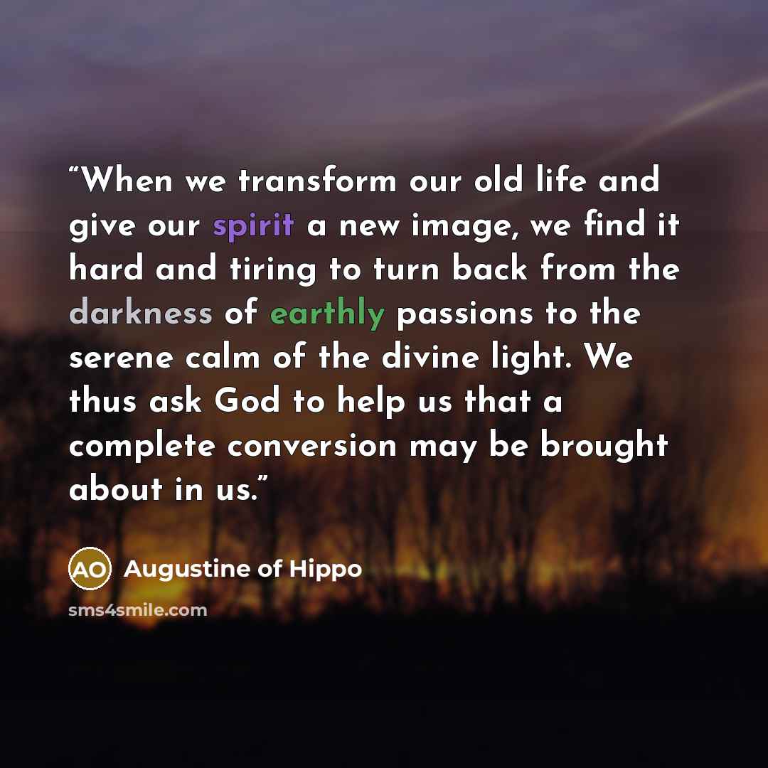 “When we transform our old life and give our spirit a new image, we find it hard and tiring to turn back from the darkness of earthly passions to the serene calm of the divine light. We thus ask God to help us that a complete conversion may be brought about in us.” quote by Augustine of Hippo