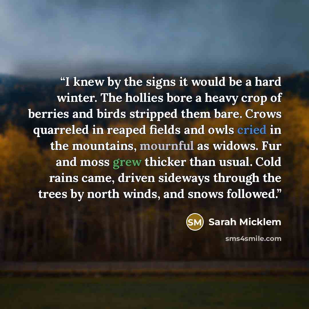 “I knew by the signs it would be a hard winter. The hollies bore a heavy crop of berries and birds stripped them bare. Crows quarreled in reaped fields and owls cried in the mountains, mournful as widows. Fur and moss grew thicker than usual. Cold rains came, driven sideways through the trees by…” quote by Sarah Micklem