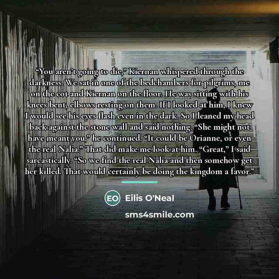 “You aren’t going to die,” Kiernan whispered through the darkness. We sat in one of the bedchambers for pilgrims, me on the cot and Kiernan on the floor. He was sitting with his knees bent, elbows resting on them. If I looked at him, I knew I would see his eyes flash even in the dark. So I leaned…” quote by Eilis O'Neal