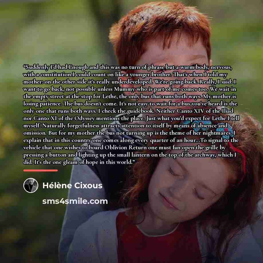 “Suddenly I'd had Enough and this was no turn of phrase but a warm body, nervous, with a constitution I could count on like a younger brother. That's when I told my mother: on the other side it's really underdeveloped. We're going back. Really, I said: I want to go back, not possible unless Mummy…” quote by Hélène Cixous