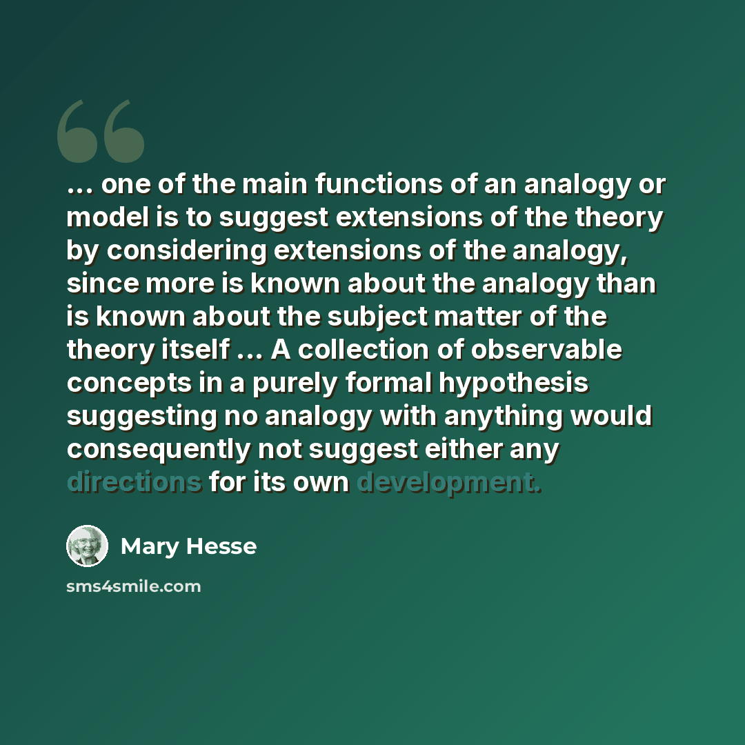 “... one of the main functions of an analogy or model is to suggest extensions of the theory by considering extensions of the analogy, since more is known about the analogy than is known about the subject matter of the theory itself ... A collection of observable concepts in a purely formal…” quote by Mary Hesse