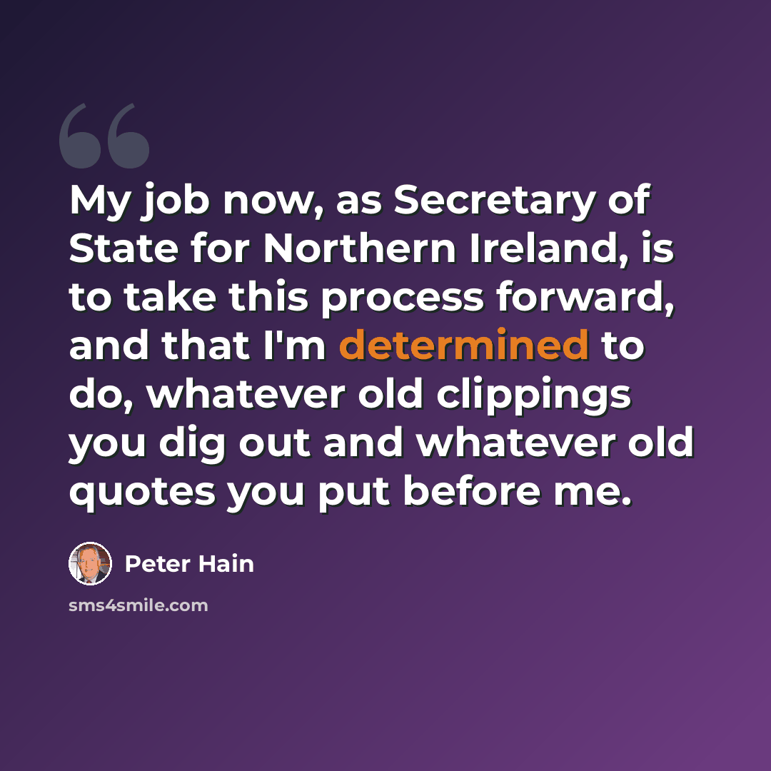 “My job now, as Secretary of State for Northern Ireland, is to take this process forward, and that I'm determined to do, whatever old clippings you dig out and whatever old quotes you put before me.” quote by Peter Hain