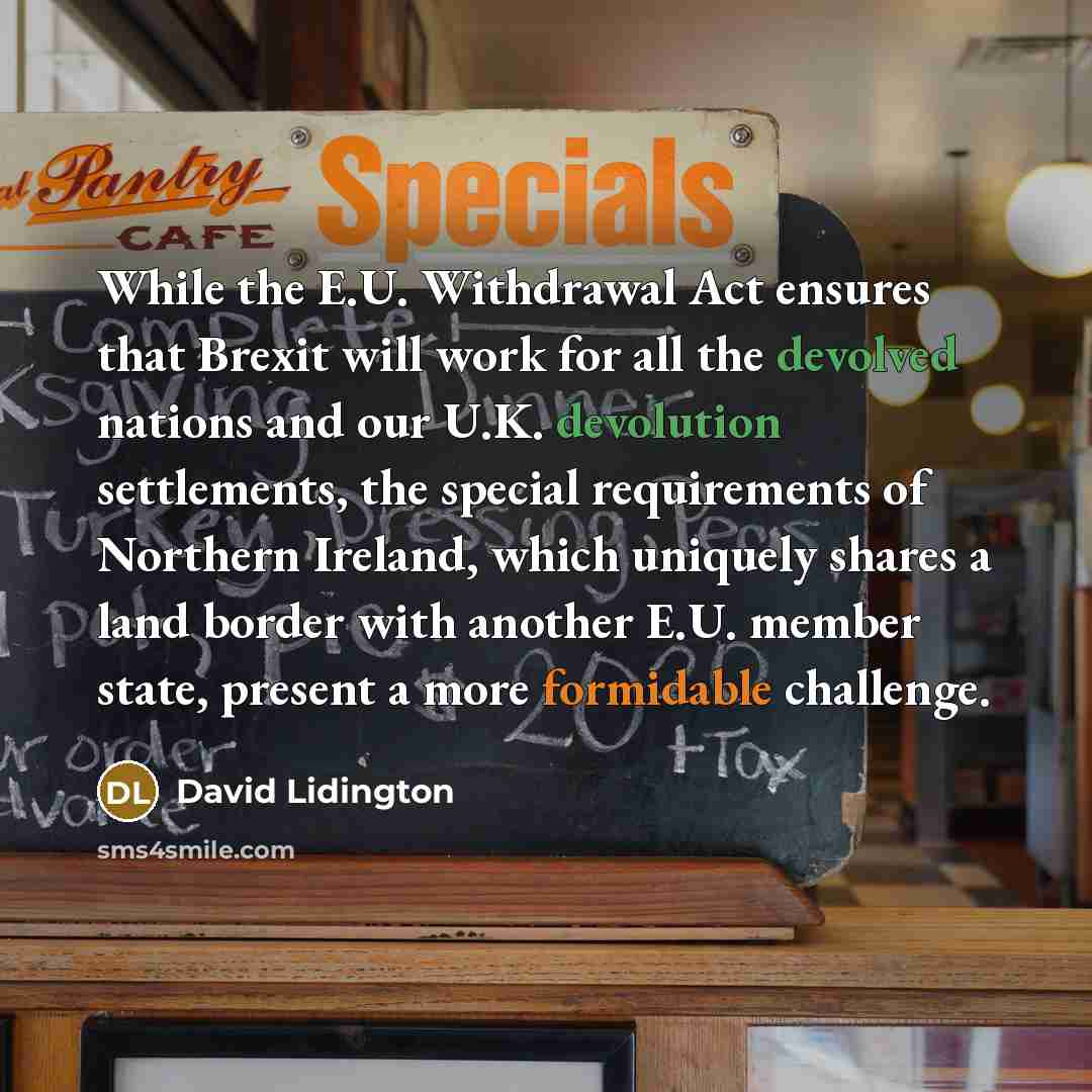 “While the E.U. Withdrawal Act ensures that Brexit will work for all the devolved nations and our U.K. devolution settlements, the special requirements of Northern Ireland, which uniquely shares a land border with another E.U. member state, present a more formidable challenge.” quote by David Lidington