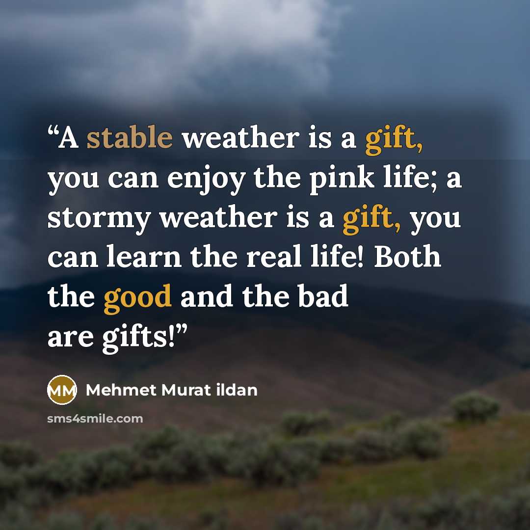 “A stable weather is a gift, you can enjoy the pink life; a stormy weather is a gift, you can learn the real life! Both the good and the bad are gifts!” quote by Mehmet Murat ildan