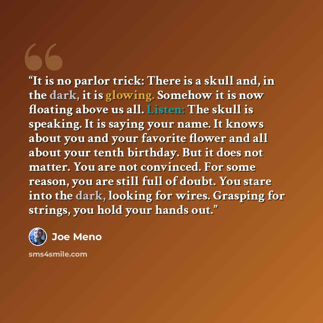 “It is no parlor trick: There is a skull and, in the dark, it is glowing. Somehow it is now floating above us all. Listen: The skull is speaking. It is saying your name. It knows about you and your favorite flower and all about your tenth birthday. But it does not matter. You are not convinced. For…” quote by Joe Meno
