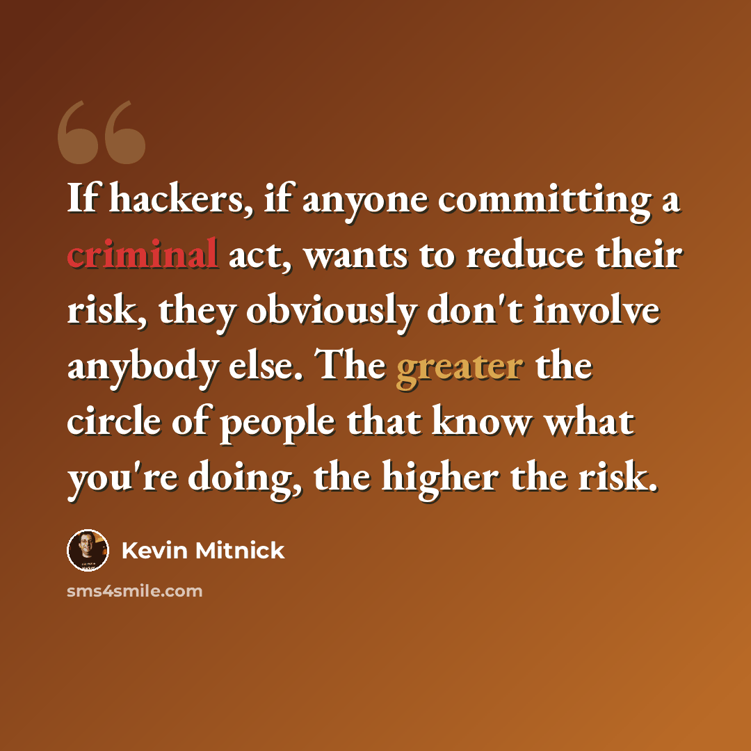 “If hackers, if anyone committing a criminal act, wants to reduce their risk, they obviously don't involve anybody else. The greater the circle of people that know what you're doing, the higher the risk.” quote by Kevin Mitnick