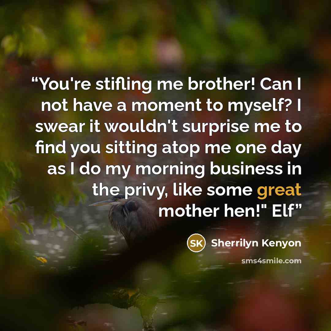 “You're stifling me brother! Can I not have a moment to myself? I swear it wouldn't surprise me to find you sitting atop me one day as I do my morning business in the privy, like some great mother hen!" Elf” quote by Sherrilyn Kenyon