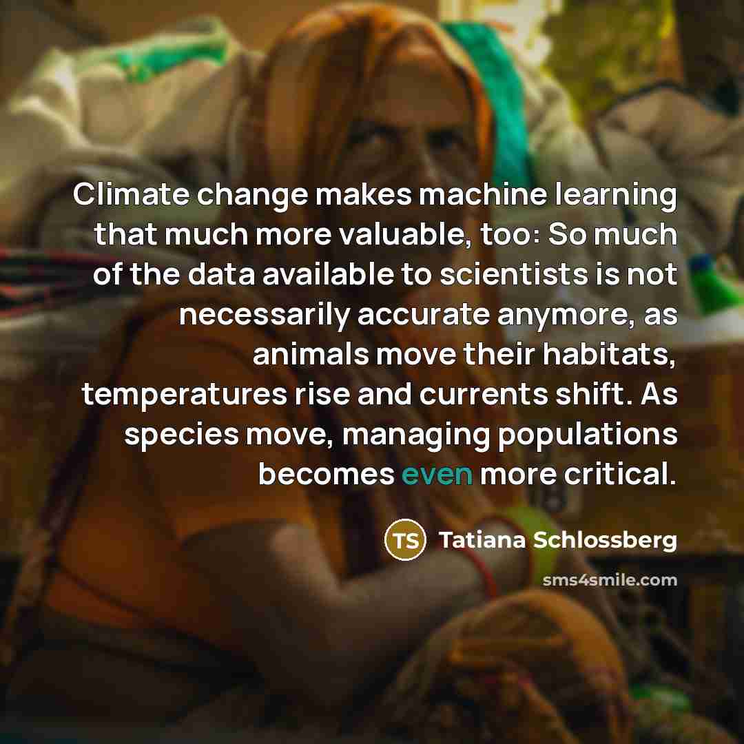 “Climate change makes machine learning that much more valuable, too: So much of the data available to scientists is not necessarily accurate anymore, as animals move their habitats, temperatures rise and currents shift. As species move, managing populations becomes even more critical.” quote by Tatiana Schlossberg