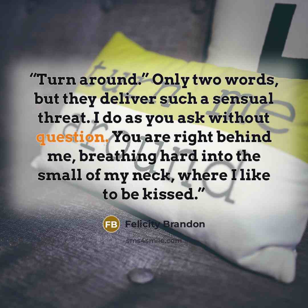 “Turn around.” Only two words, but they deliver such a sensual threat. I do as you ask without question. You are right behind me, breathing hard into the small of my neck, where I like to be kissed.” quote by Felicity Brandon