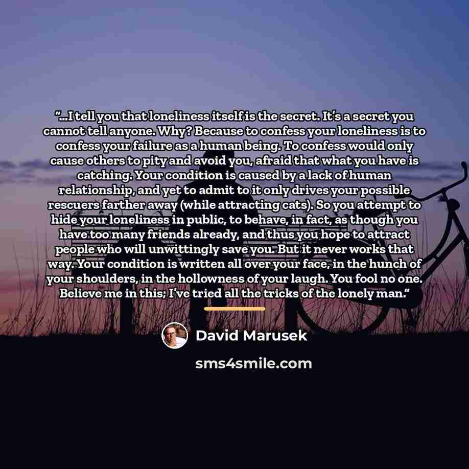 “…I tell you that loneliness itself is the secret. It’s a secret you cannot tell anyone. Why? Because to confess your loneliness is to confess your failure as a human being. To confess would only cause others to pity and avoid you, afraid that what you have is catching. Your condition is caused by…” quote by David Marusek