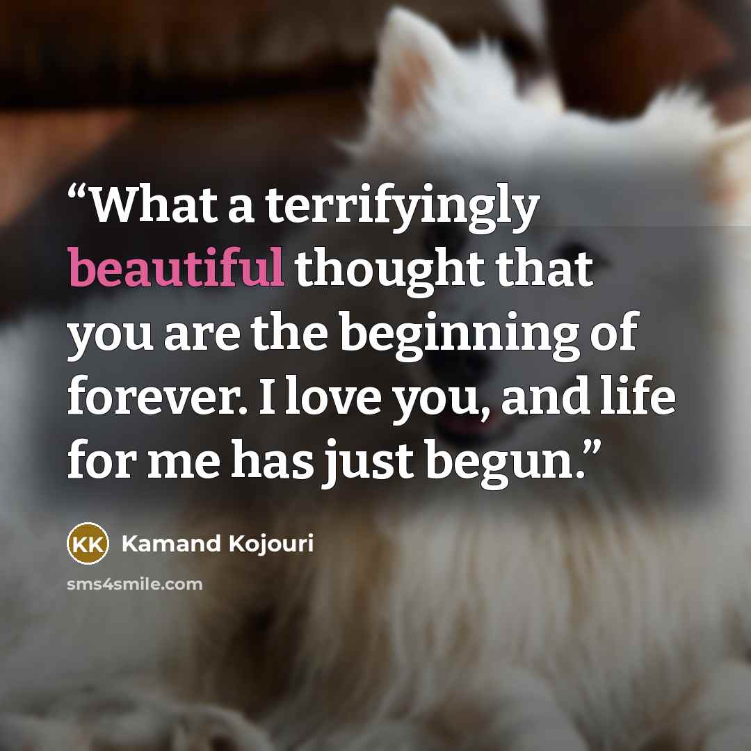 “What a terrifyingly beautiful thought that you are the beginning of forever. I love you, and life for me has just begun.” quote by Kamand Kojouri