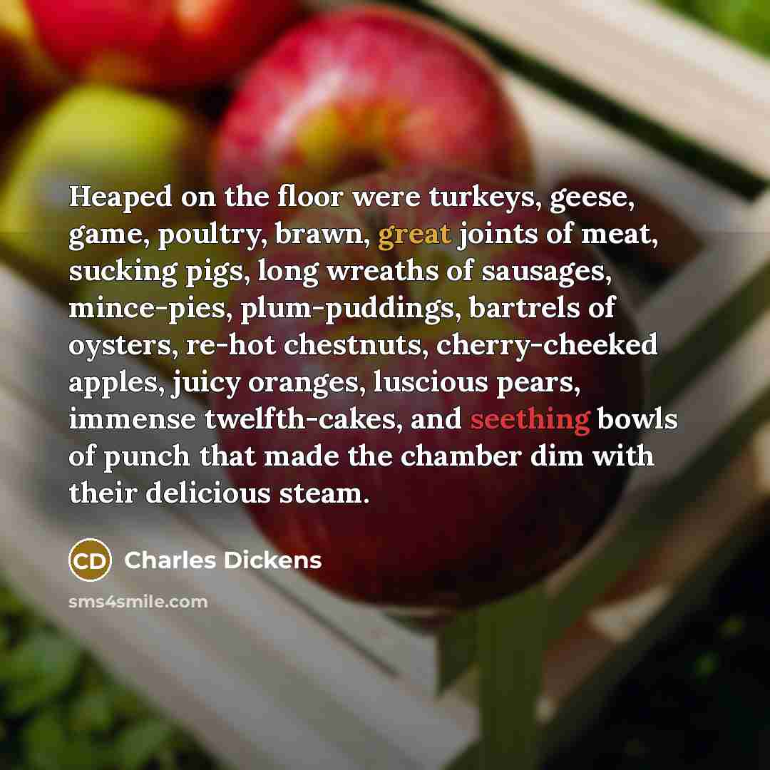 “Heaped on the floor were turkeys, geese, game, poultry, brawn, great joints of meat, sucking pigs, long wreaths of sausages, mince-pies, plum-puddings, bartrels of oysters, re-hot chestnuts, cherry-cheeked apples, juicy oranges, luscious pears, immense twelfth-cakes, and seething bowls of punch…” quote by Charles Dickens