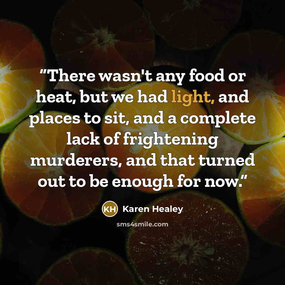 “There wasn't any food or heat, but we had light, and places to sit, and a complete lack of frightening murderers, and that turned out to be enough for now.” quote by Karen Healey