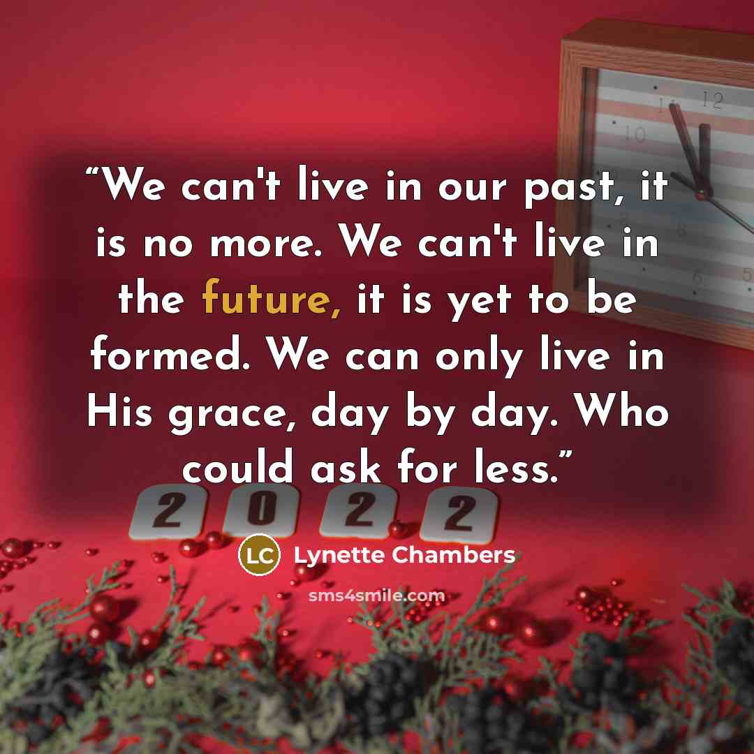 “We can't live in our past, it is no more. We can't live in the future, it is yet to be formed. We can only live in His grace, day by day. Who could ask for less.” quote by Lynette Chambers