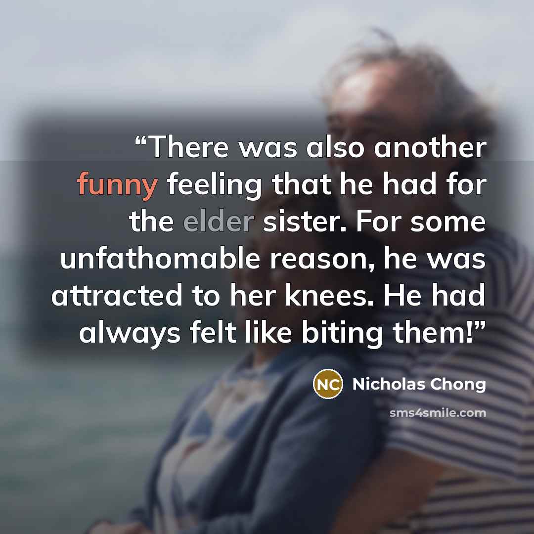 “There was also another funny feeling that he had for the elder sister. For some unfathomable reason, he was attracted to her knees. He had always felt like biting them!” quote by Nicholas Chong