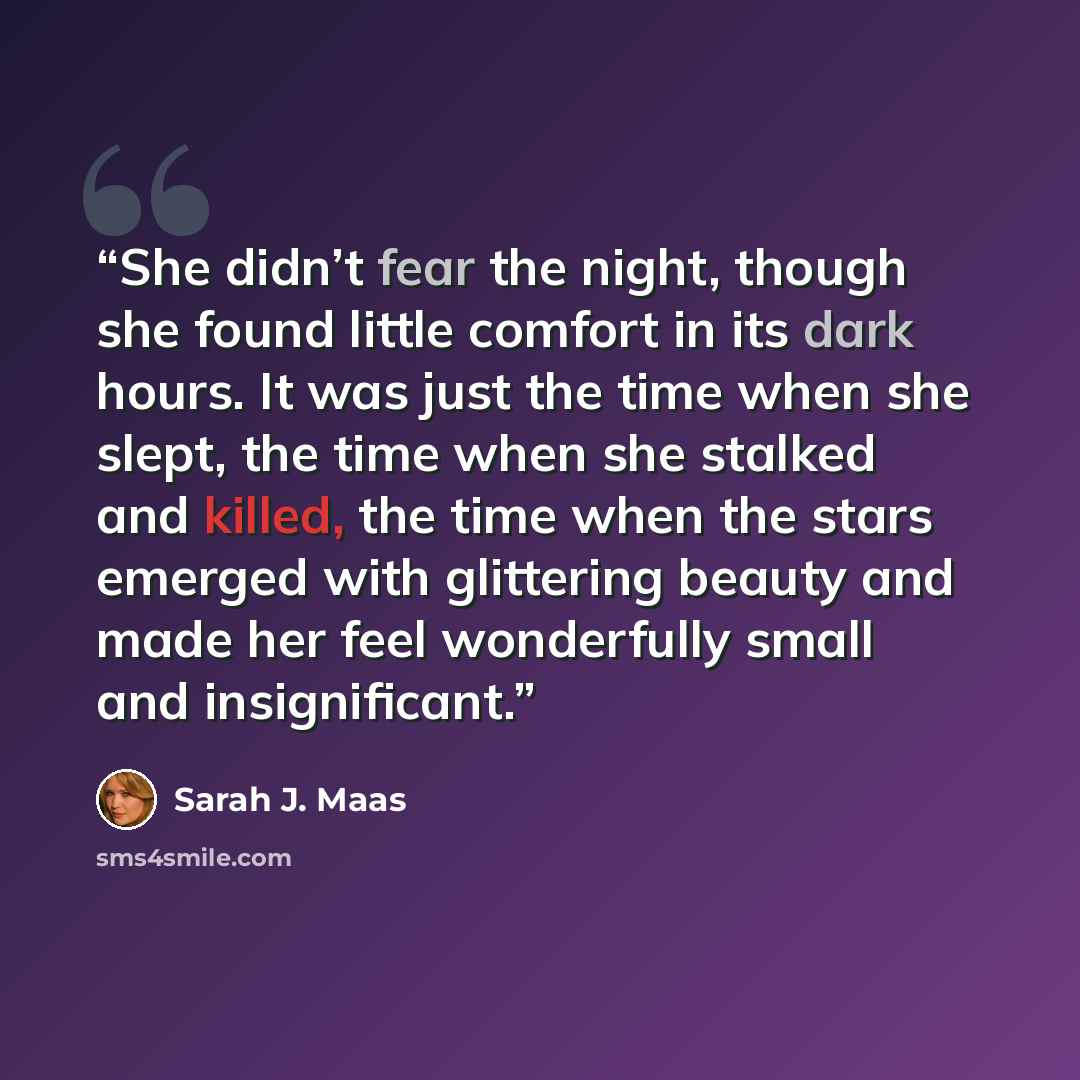 “She didn’t fear the night, though she found little comfort in its dark hours. It was just the time when she slept, the time when she stalked and killed, the time when the stars emerged with glittering beauty and made her feel wonderfully small and insignificant.” quote by Sarah J. Maas