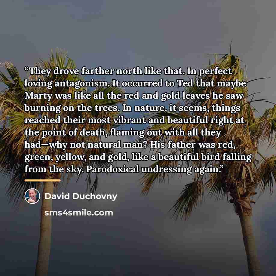 “They drove farther north like that. In perfect loving antagonism. It occurred to Ted that maybe Marty was like all the red and gold leaves he saw burning on the trees. In nature, it seems, things reached their most vibrant and beautiful right at the point of death, flaming out with all they…” quote by David Duchovny