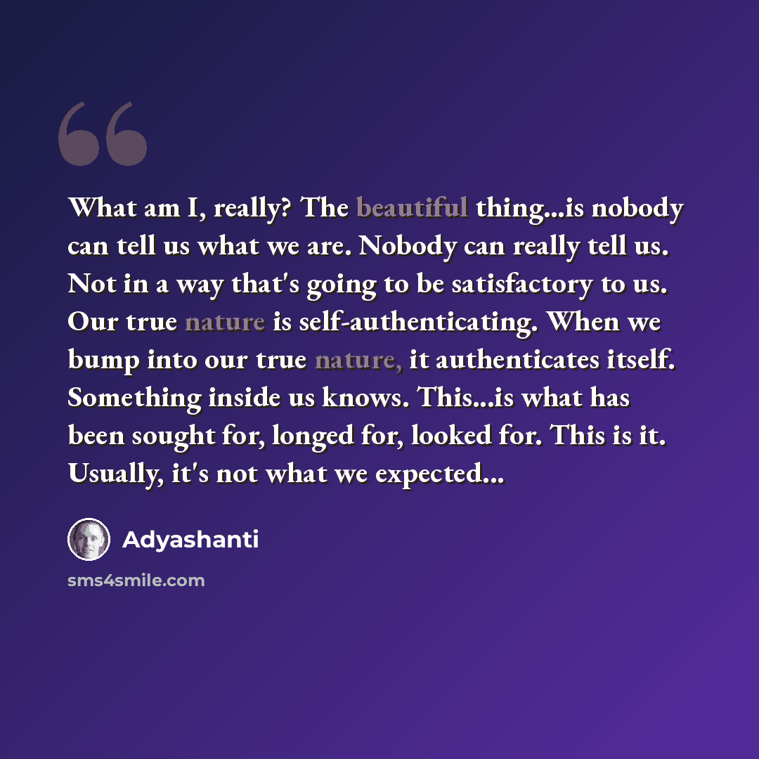 “What am I, really? The beautiful thing...is nobody can tell us what we are. Nobody can really tell us. Not in a way that's going to be satisfactory to us. Our true nature is self-authenticating. When we bump into our true nature, it authenticates itself. Something inside us knows. This...is what…” quote by Adyashanti