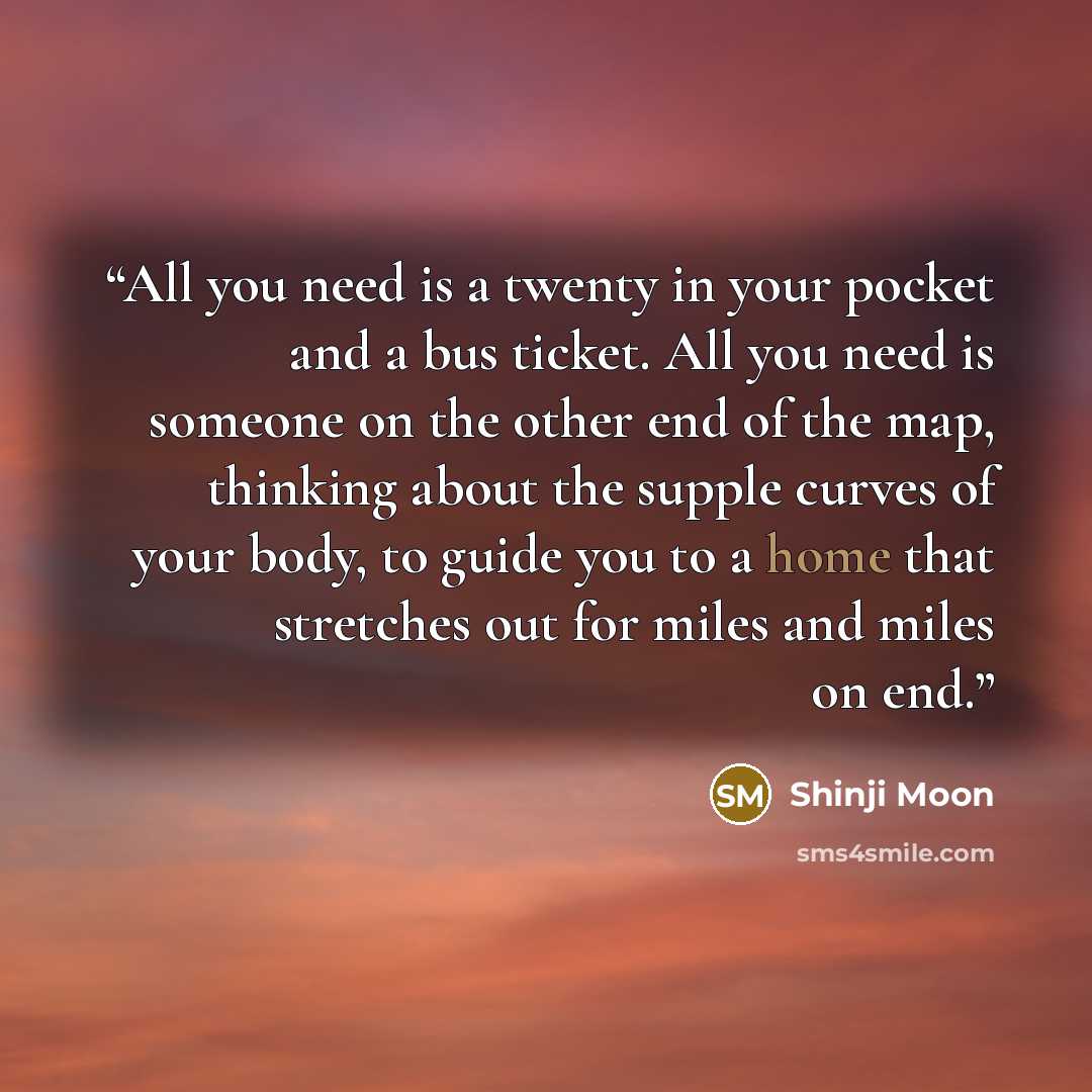 “All you need is a twenty in your pocket and a bus ticket. All you need is someone on the other end of the map, thinking about the supple curves of your body, to guide you to a home that stretches out for miles and miles on end.” quote by Shinji Moon