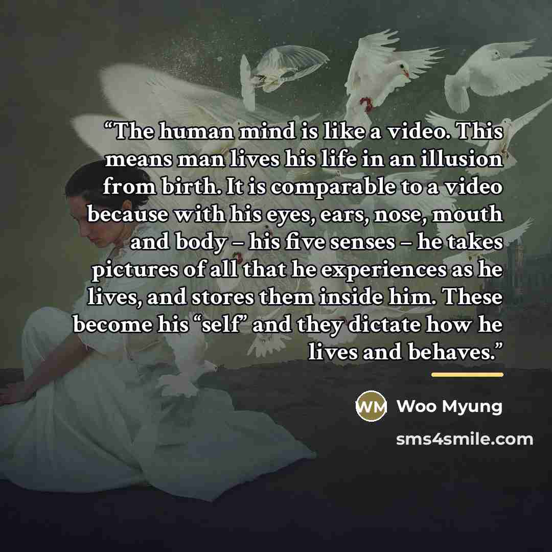 “The human mind is like a video. This means man lives his life in an illusion from birth. It is comparable to a video because with his eyes, ears, nose, mouth and body – his five senses – he takes pictures of all that he experiences as he lives, and stores them inside him. These become his “self”…” quote by Woo Myung