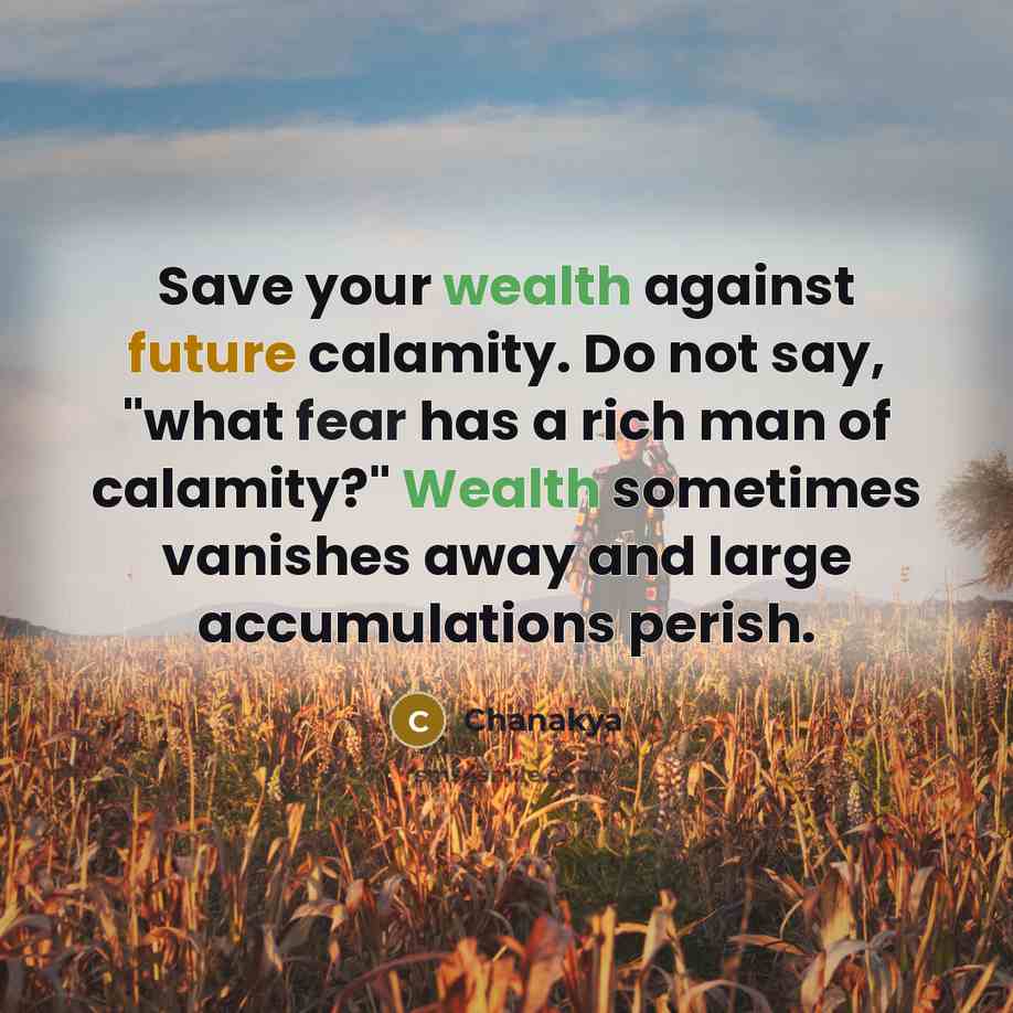 “Save your wealth against future calamity. Do not say, "what fear has a rich man of calamity?" Wealth sometimes vanishes away and large accumulations perish.” quote by Chanakya
