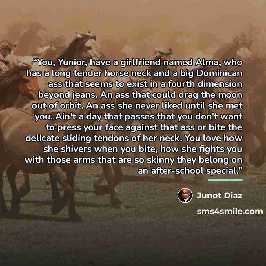 “You, Yunior, have a girlfriend named Alma, who has a long tender horse neck and a big Dominican ass that seems to exist in a fourth dimension beyond jeans. An ass that could drag the moon out of orbit. An ass she never liked until she met you. Ain't a day that passes that you don't want to press…” quote by Junot Díaz