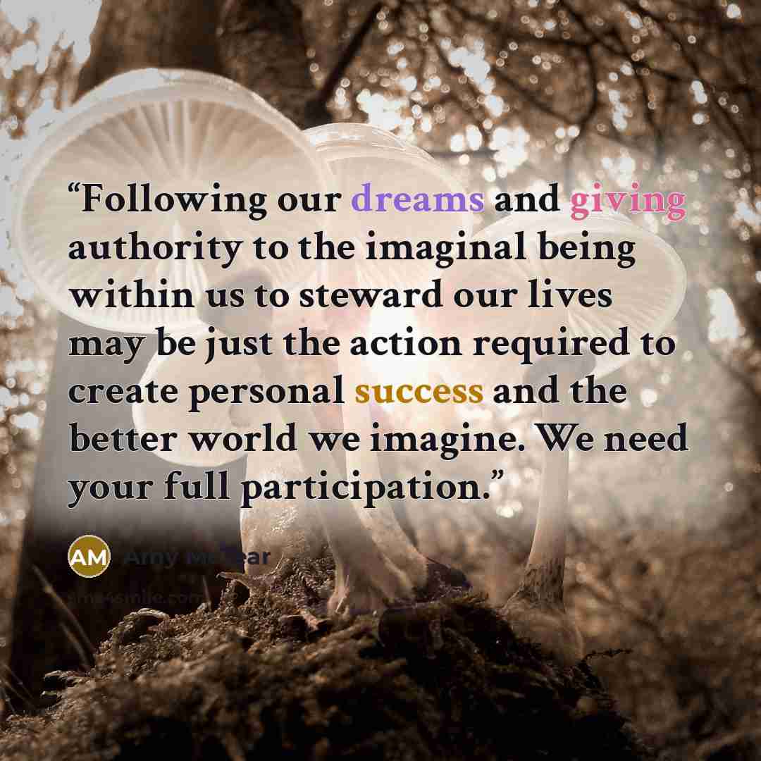 “Following our dreams and giving authority to the imaginal being within us to steward our lives may be just the action required to create personal success and the better world we imagine. We need your full participation.” quote by Amy McTear