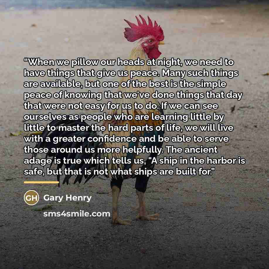 “When we pillow our heads at night, we need to have things that give us peace. Many such things are available, but one of the best is the simple peace of knowing that we've done things that day that were not easy for us to do. If we can see ourselves as people who are learning little by little to…” quote by Gary Henry
