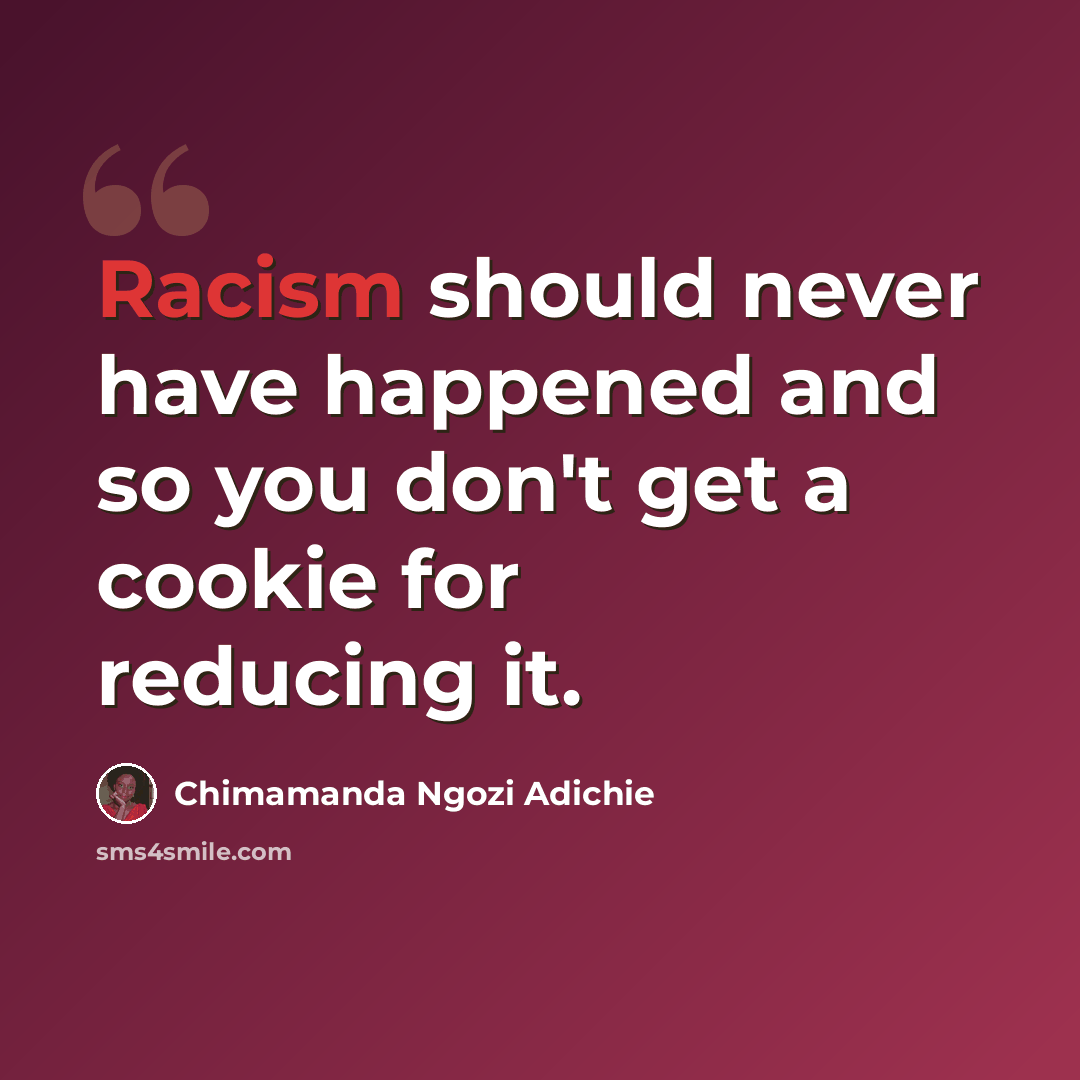 “Racism should never have happened and so you don't get a cookie for reducing it.” quote by Chimamanda Ngozi Adichie