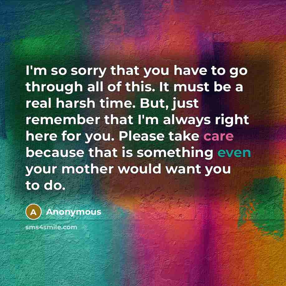 “I'm so sorry that you have to go through all of this. It must be a real harsh time. But, just remember that I'm always right here for you. Please take care because that is something even your mother would want you to do.” quote by Anonymous