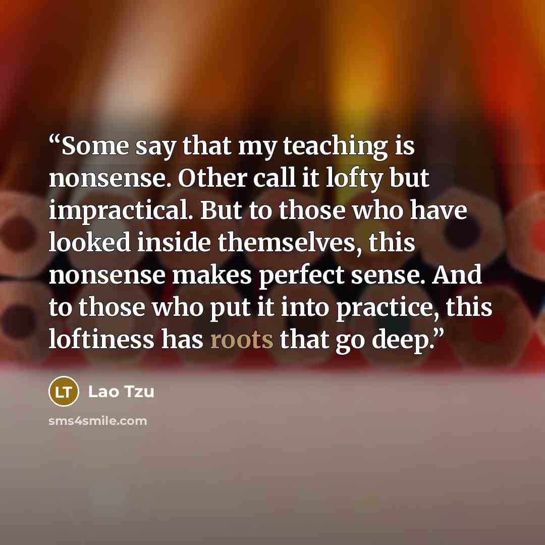 “Some say that my teaching is nonsense. Other call it lofty but impractical. But to those who have looked inside themselves, this nonsense makes perfect sense. And to those who put it into practice, this loftiness has roots that go deep.” quote by Lao Tzu