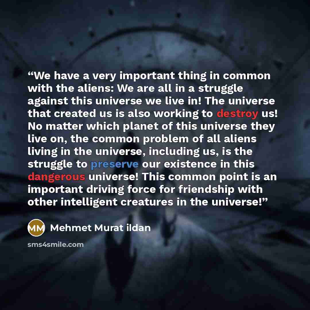 “We have a very important thing in common with the aliens: We are all in a struggle against this universe we live in! The universe that created us is also working to destroy us! No matter which planet of this universe they live on, the common problem of all aliens living in the universe, including…” quote by Mehmet Murat ildan
