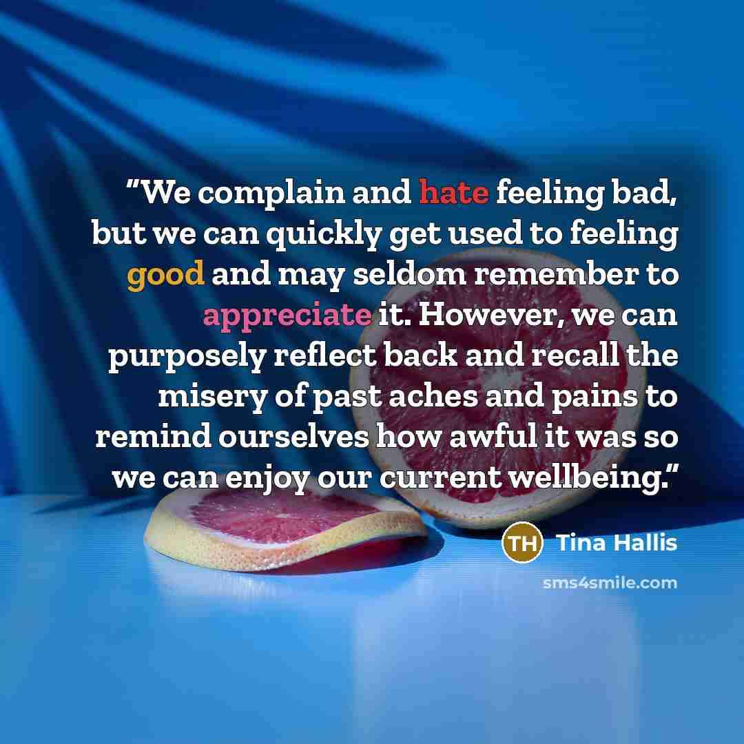 “We complain and hate feeling bad, but we can quickly get used to feeling good and may seldom remember to appreciate it. However, we can purposely reflect back and recall the misery of past aches and pains to remind ourselves how awful it was so we can enjoy our current wellbeing.” quote by Tina Hallis