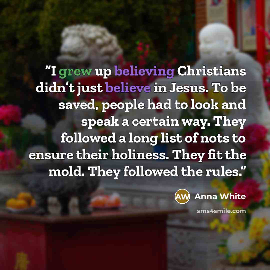 “I grew up believing Christians didn’t just believe in Jesus. To be saved, people had to look and speak a certain way. They followed a long list of nots to ensure their holiness. They fit the mold. They followed the rules.” quote by Anna White