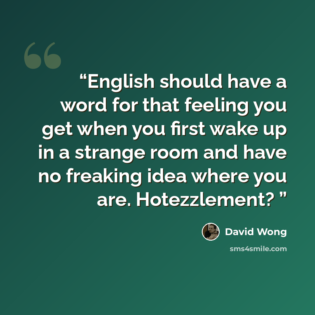 “English should have a word for that feeling you get when you first wake up in a strange room and have no freaking idea where you are. Hotezzlement?” quote by David Wong