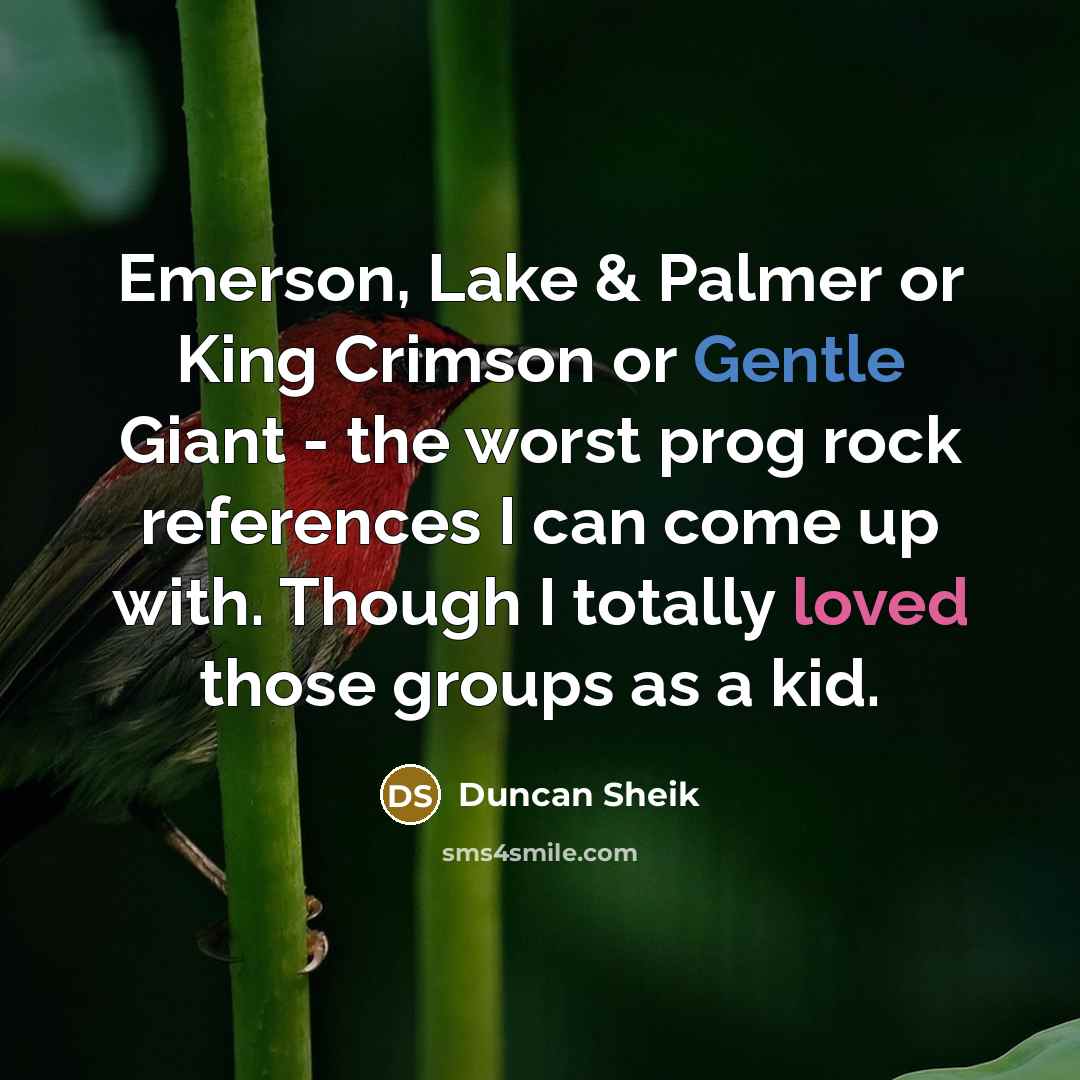“Emerson, Lake & Palmer or King Crimson or Gentle Giant - the worst prog rock references I can come up with. Though I totally loved those groups as a kid.” quote by Duncan Sheik