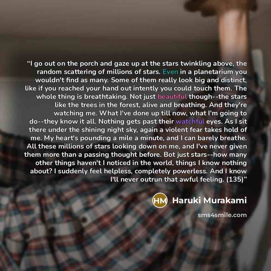 “I go out on the porch and gaze up at the stars twinkling above, the random scattering of millions of stars. Even in a planetarium you wouldn't find as many. Some of them really look big and distinct, like if you reached your hand out intently you could touch them. The whole thing is breathtaking…” quote by Haruki Murakami