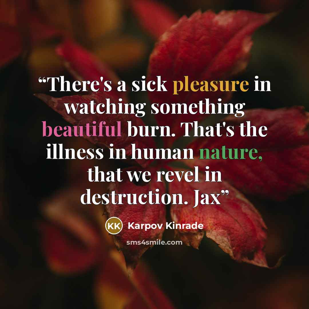 “There's a sick pleasure in watching something beautiful burn. That's the illness in human nature, that we revel in destruction. Jax” quote by Karpov Kinrade