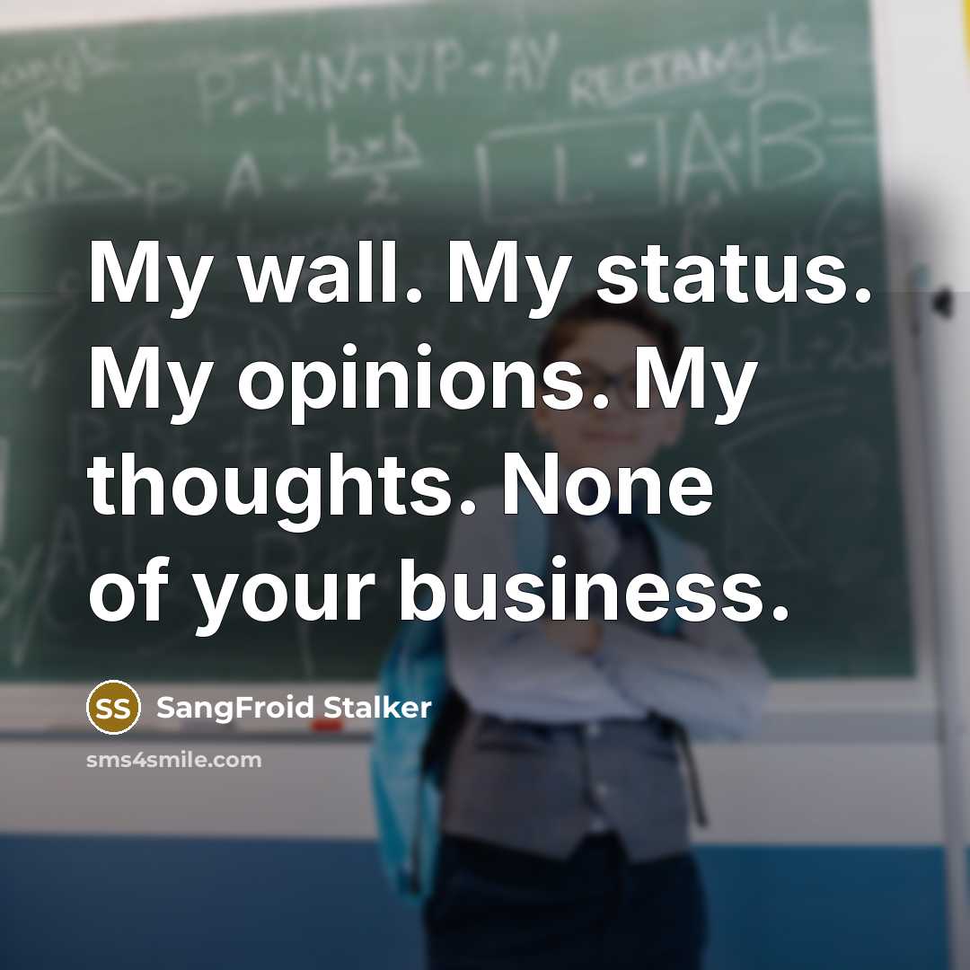 “My wall. My status. My opinions. My thoughts. None of your business.” quote by SangFroid Stalker