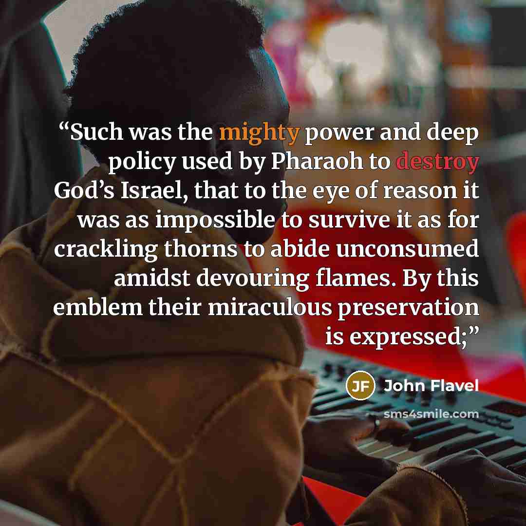 “Such was the mighty power and deep policy used by Pharaoh to destroy God’s Israel, that to the eye of reason it was as impossible to survive it as for crackling thorns to abide unconsumed amidst devouring flames. By this emblem their miraculous preservation is expressed;” quote by John Flavel