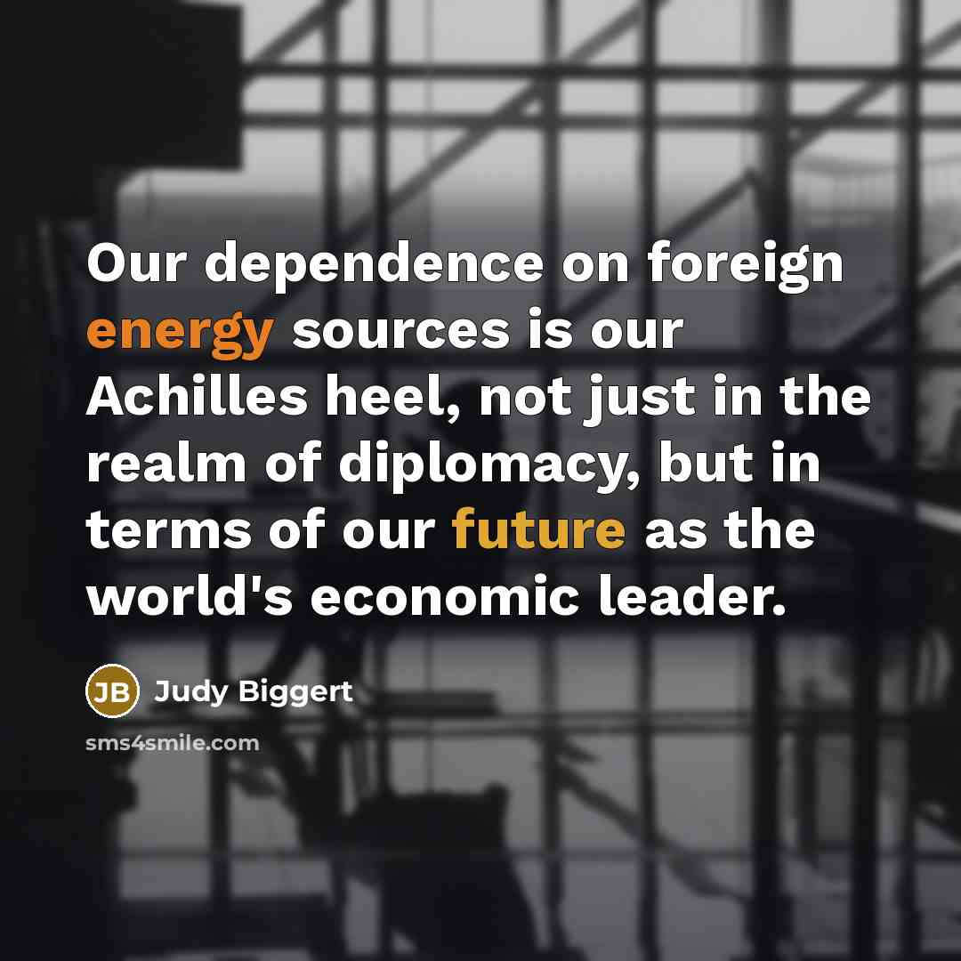 “Our dependence on foreign energy sources is our Achilles heel, not just in the realm of diplomacy, but in terms of our future as the world's economic leader.” quote by Judy Biggert