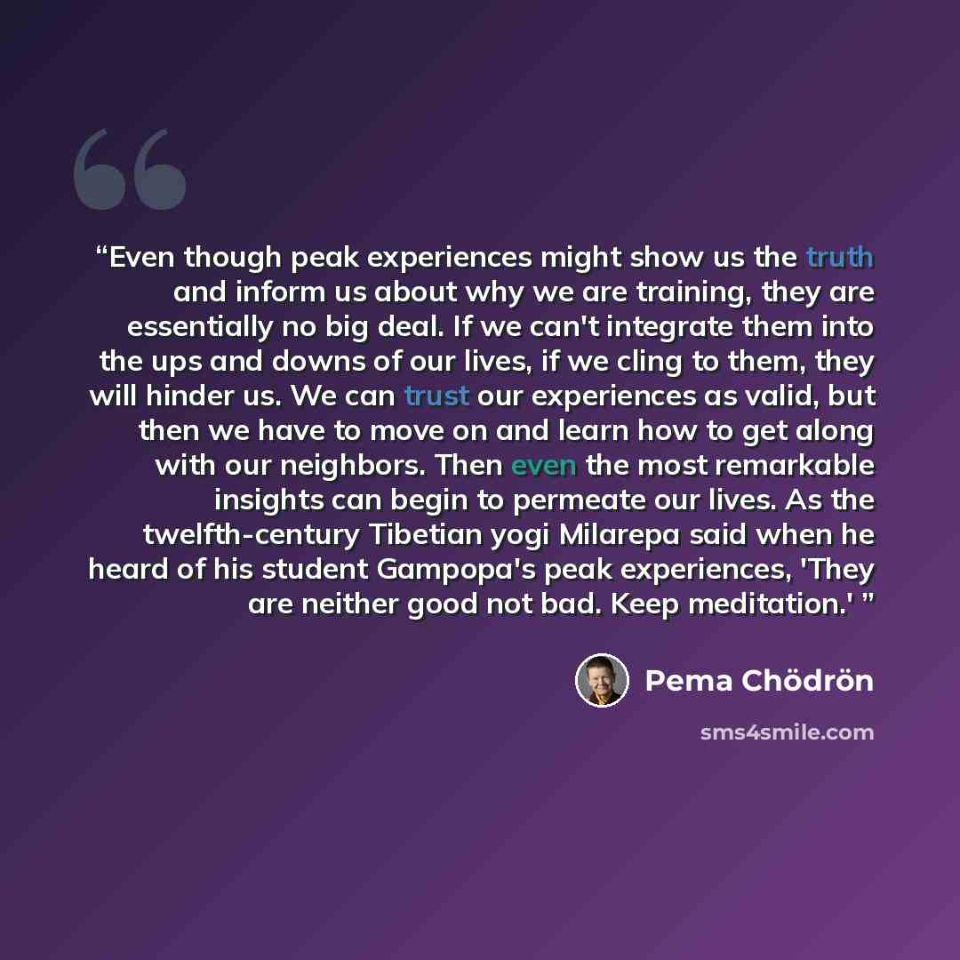 “Even though peak experiences might show us the truth and inform us about why we are training, they are essentially no big deal. If we can't integrate them into the ups and downs of our lives, if we cling to them, they will hinder us. We can trust our experiences as valid, but then we have to move…” quote by Pema Chödrön