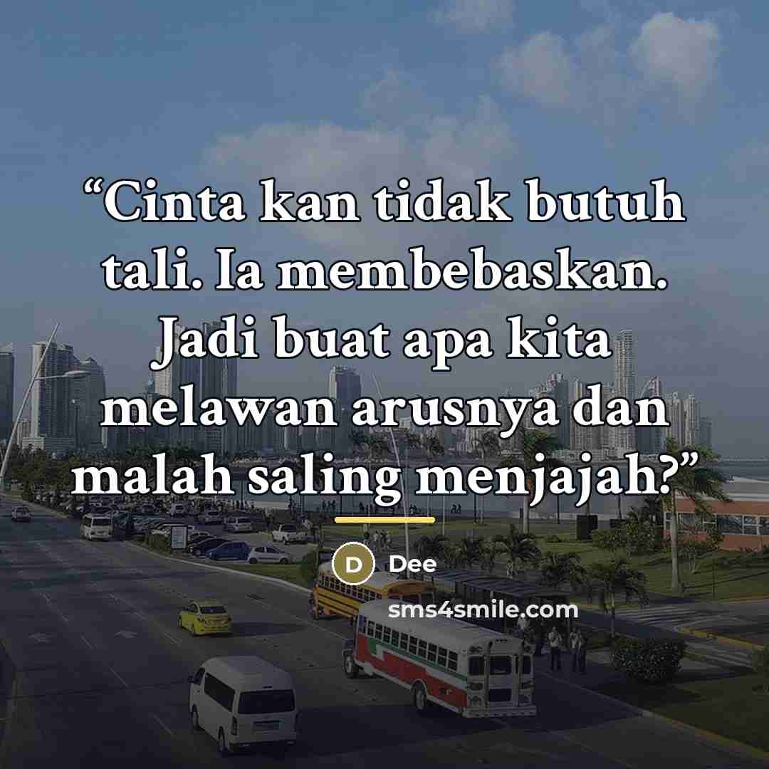 “Cinta kan tidak butuh tali. Ia membebaskan. Jadi buat apa kita melawan arusnya dan malah saling menjajah?” quote by Dee