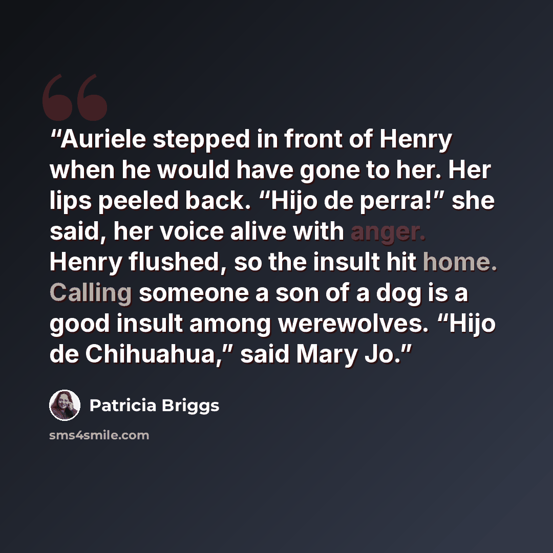 “Auriele stepped in front of Henry when he would have gone to her. Her lips peeled back. “Hijo de perra!” she said, her voice alive with anger. Henry flushed, so the insult hit home. Calling someone a son of a dog is a good insult among werewolves. “Hijo de Chihuahua,” said Mary Jo.” quote by Patricia Briggs