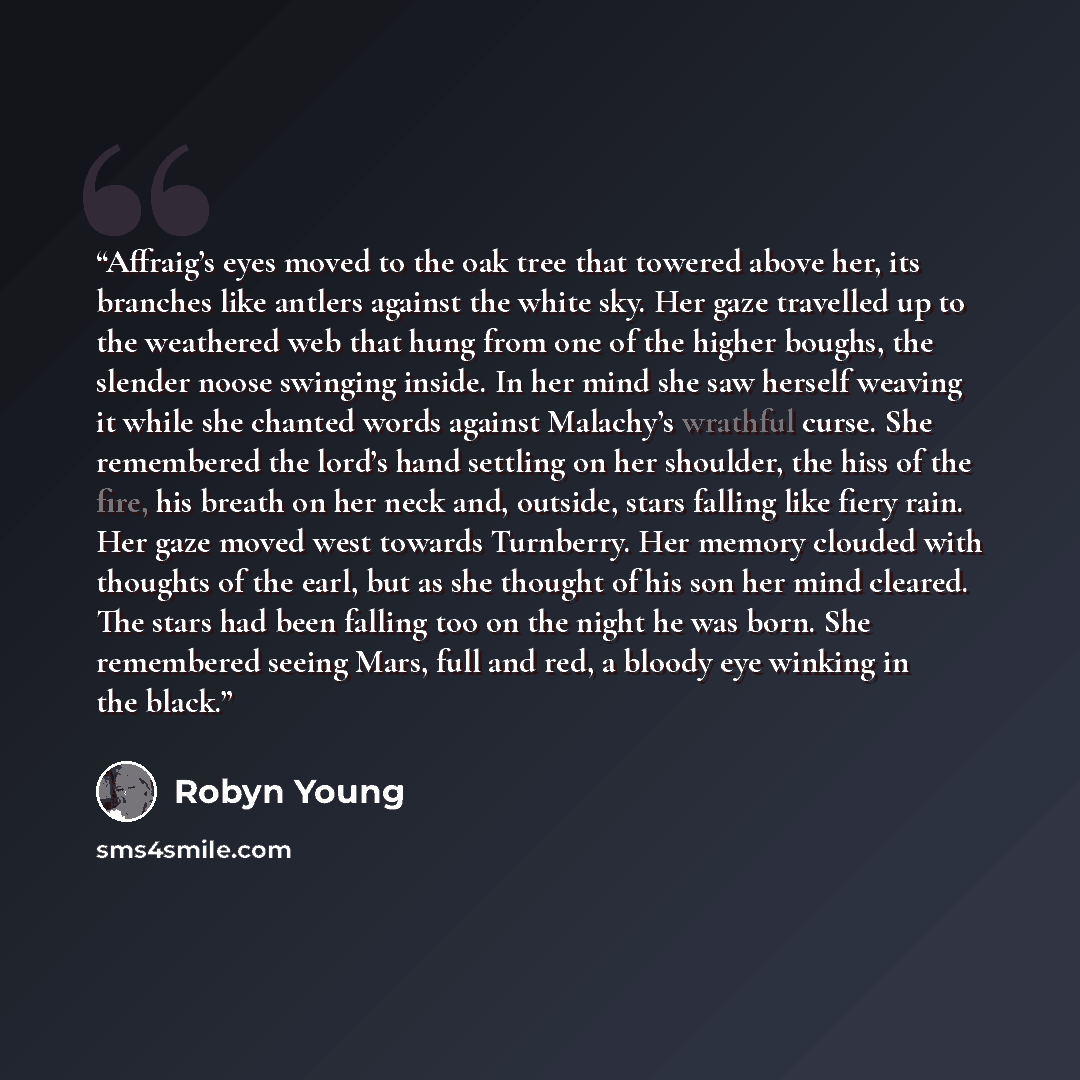 “Affraig’s eyes moved to the oak tree that towered above her, its branches like antlers against the white sky. Her gaze travelled up to the weathered web that hung from one of the higher boughs, the slender noose swinging inside. In her mind she saw herself weaving it while she chanted words…” quote by Robyn Young