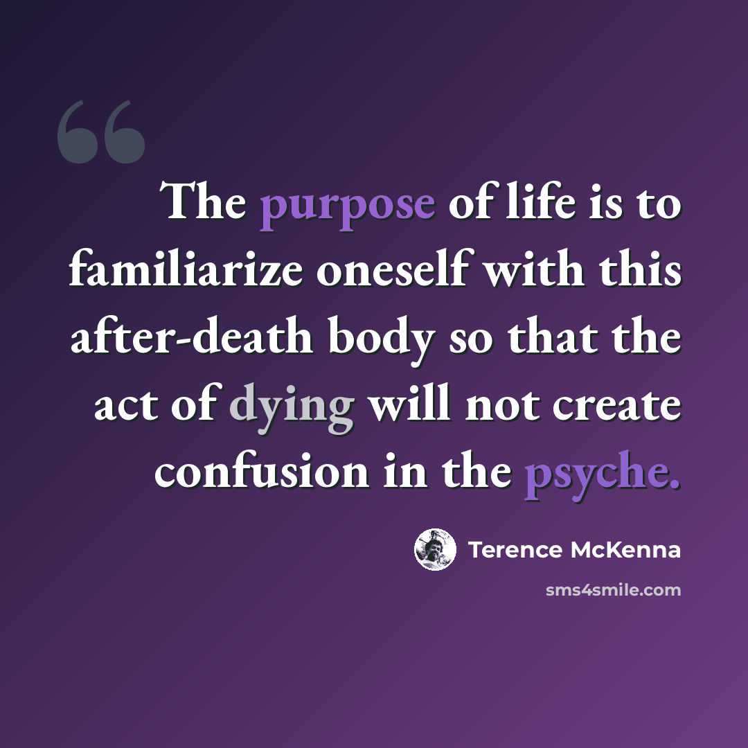 “The purpose of life is to familiarize oneself with this after-death body so that the act of dying will not create confusion in the psyche.” quote by Terence McKenna
