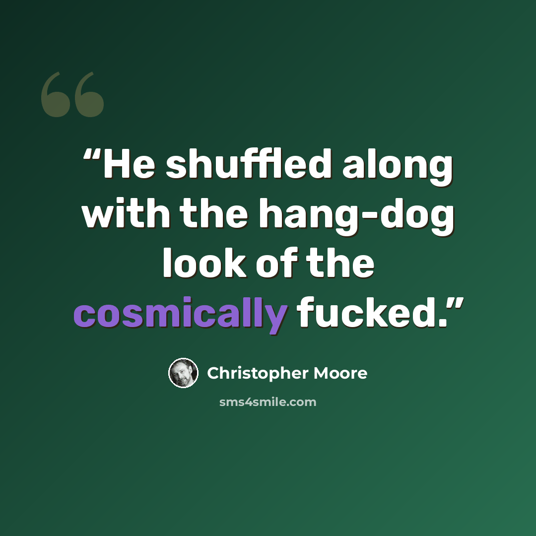 “He shuffled along with the hang-dog look of the cosmically fucked.” quote by Christopher Moore