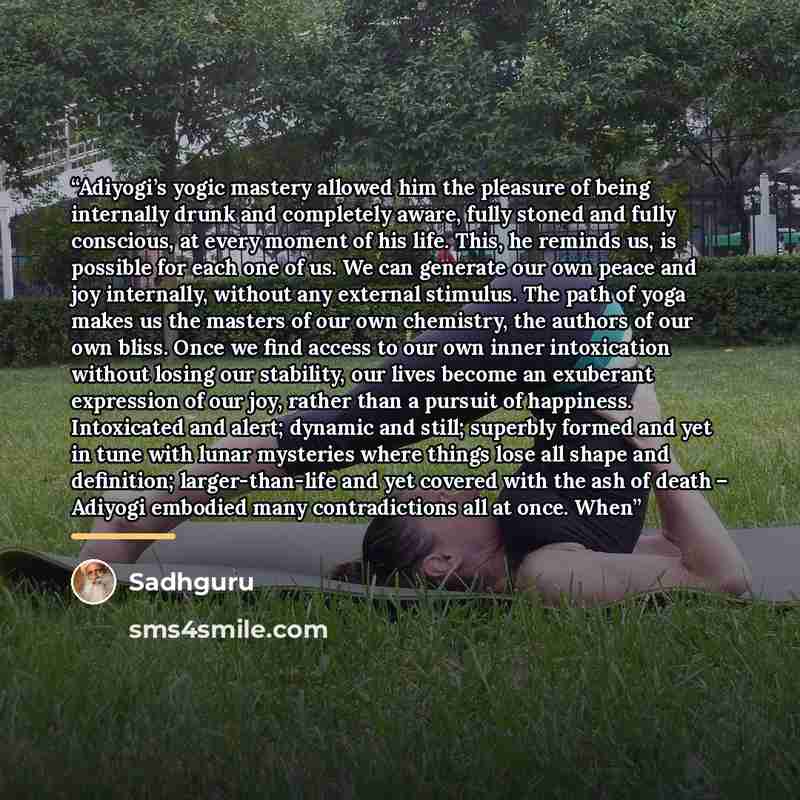 “Adiyogi’s yogic mastery allowed him the pleasure of being internally drunk and completely aware, fully stoned and fully conscious, at every moment of his life. This, he reminds us, is possible for each one of us. We can generate our own peace and joy internally, without any external stimulus. The…” quote by Sadhguru